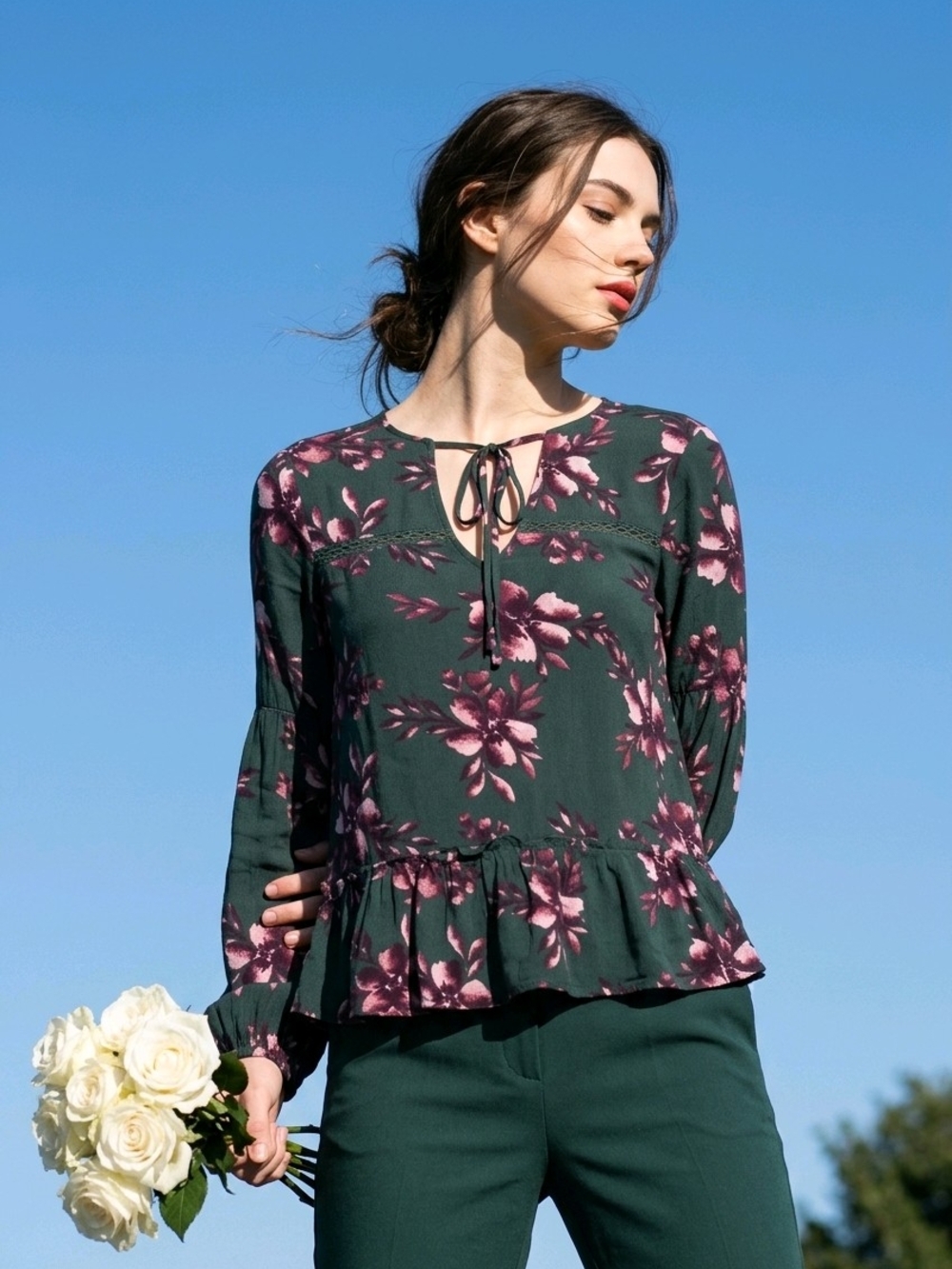 BB Dakota Dark Green Floral Tie-Neck Peplum Blouse with Pink Flowers